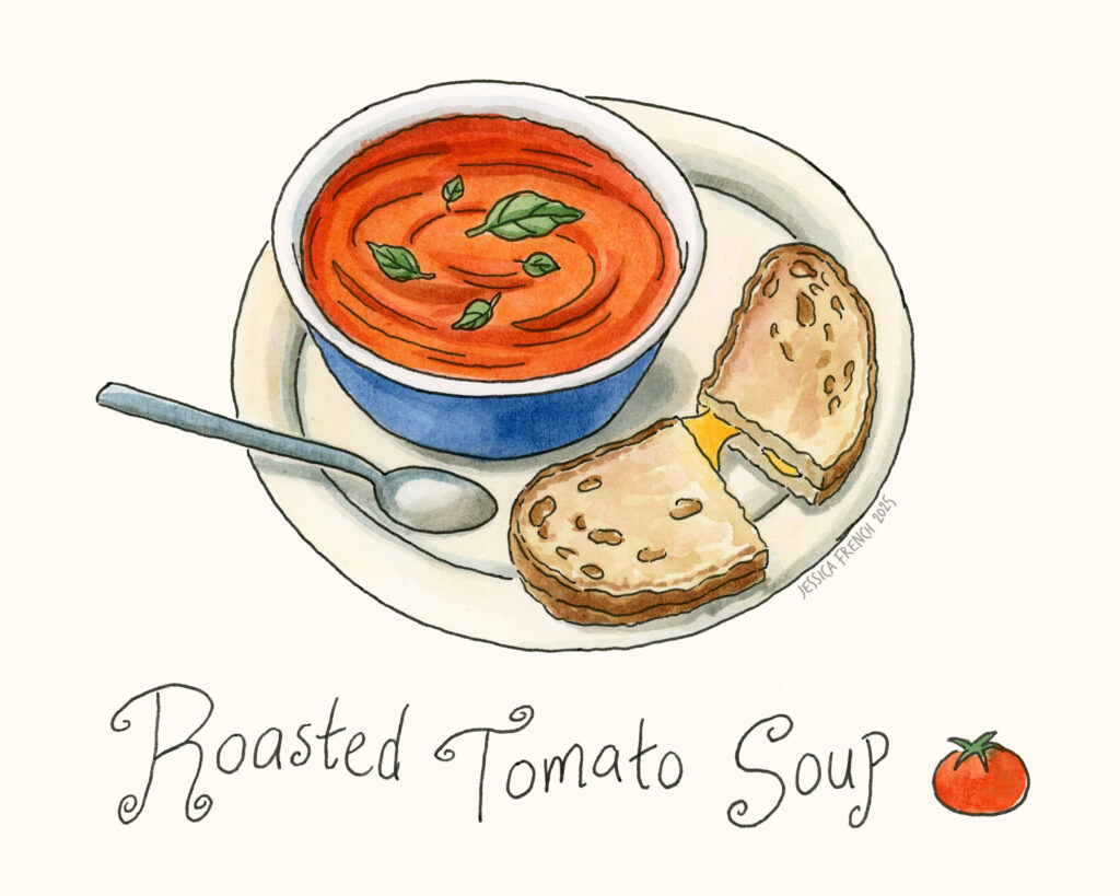 Bowl of tomato soup on a plate with a grilled cheese sandwich.