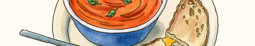 Drawing of a bowl of tomato soup with a grilled cheese sandwich.
