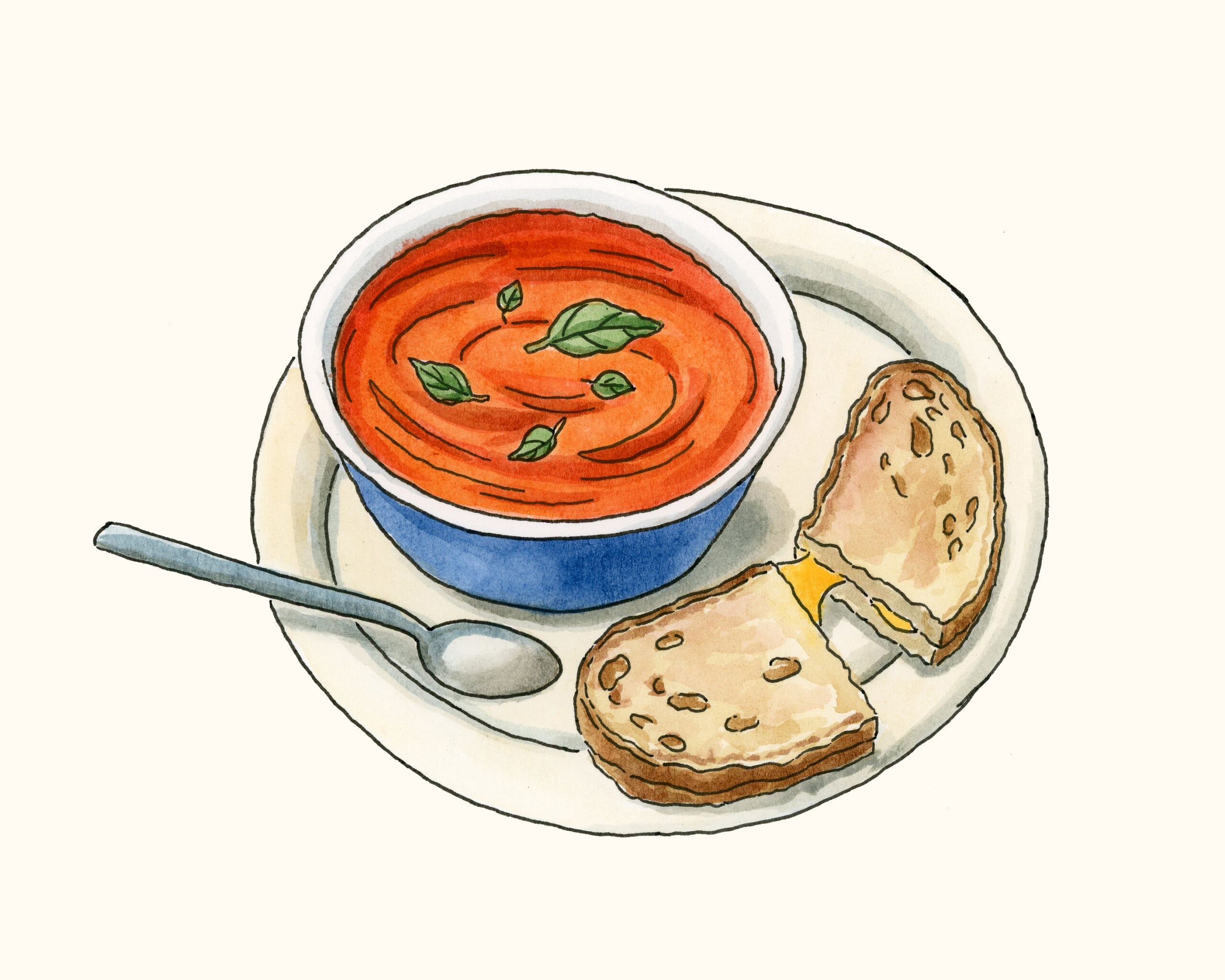 Drawing of a bowl of tomato soup with a grilled cheese sandwich.