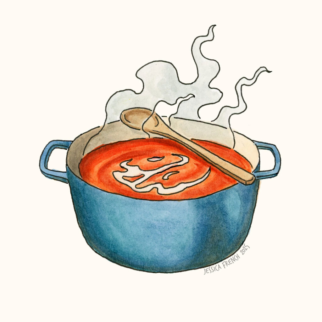 A large teal dutch oven containing steaming tomato soup. A swirl of cream is seen in the soup. A wooden spoon rests on top of the pot.
